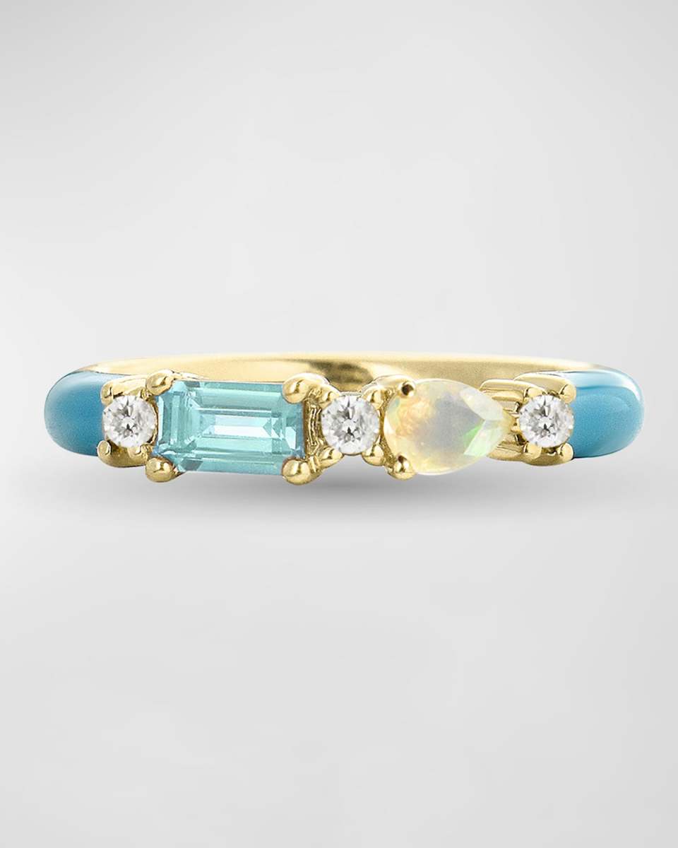 Blue Zircon and White Opal Ocean Blue Enamel Ring, Size